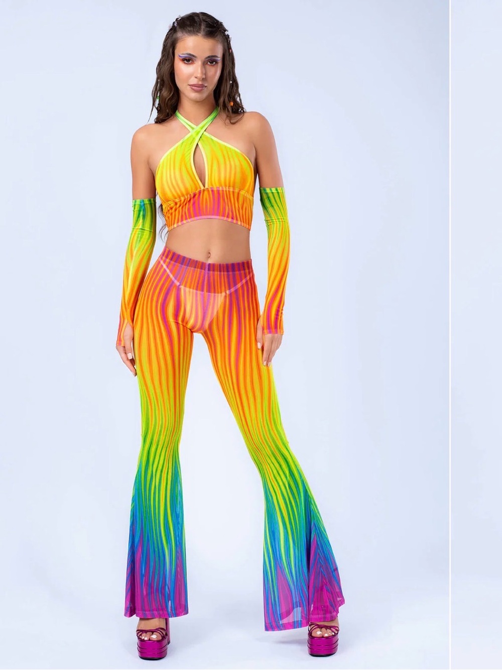 Neon Rainbow Halter Crop Top & Flared Pants Set